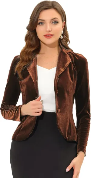 Allegra K Women's Suit Jacket Notched Lapel Long Sleeve Office Business Button Velvet Blazer