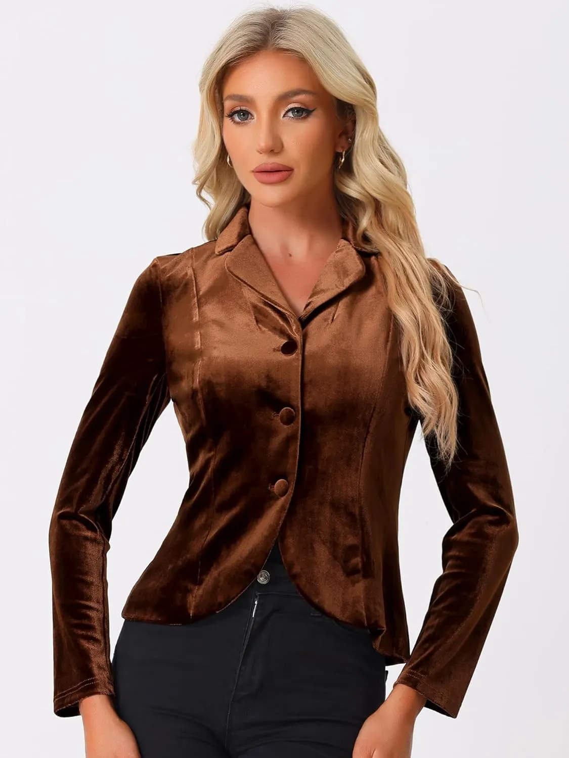 Allegra K Women's Suit Jacket Notched Lapel Long Sleeve Office Business Button Velvet Blazer