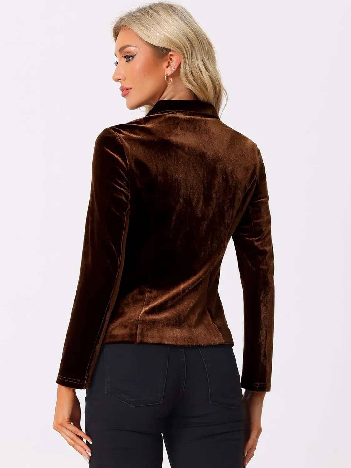 Allegra K Women's Suit Jacket Notched Lapel Long Sleeve Office Business Button Velvet Blazer