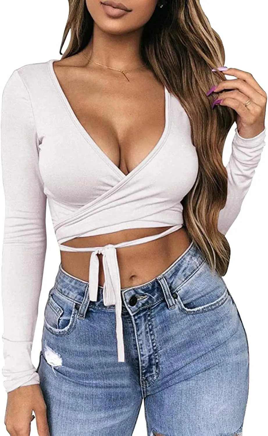 Artfish Women Sexy Deep V Neck Crop Top Bandage Wrap Tie Tight Cropped Fitted Cleavage Shirts