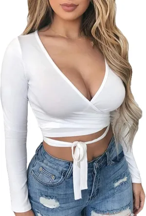 Artfish Women Sexy Deep V Neck Crop Top Bandage Wrap Tie Tight Cropped Fitted Cleavage Shirts