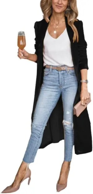 ebossy Women's Vintage Velvet Open Front Cardigan Blazer Suits Silky Loose Fit Long Jacket Coat