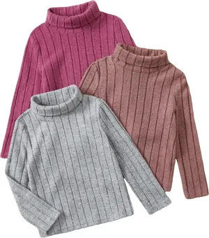 Floerns Girl's 3 Pcs Long Sleeve Solid Turtleneck Ribbed Knit Tee Shirt
