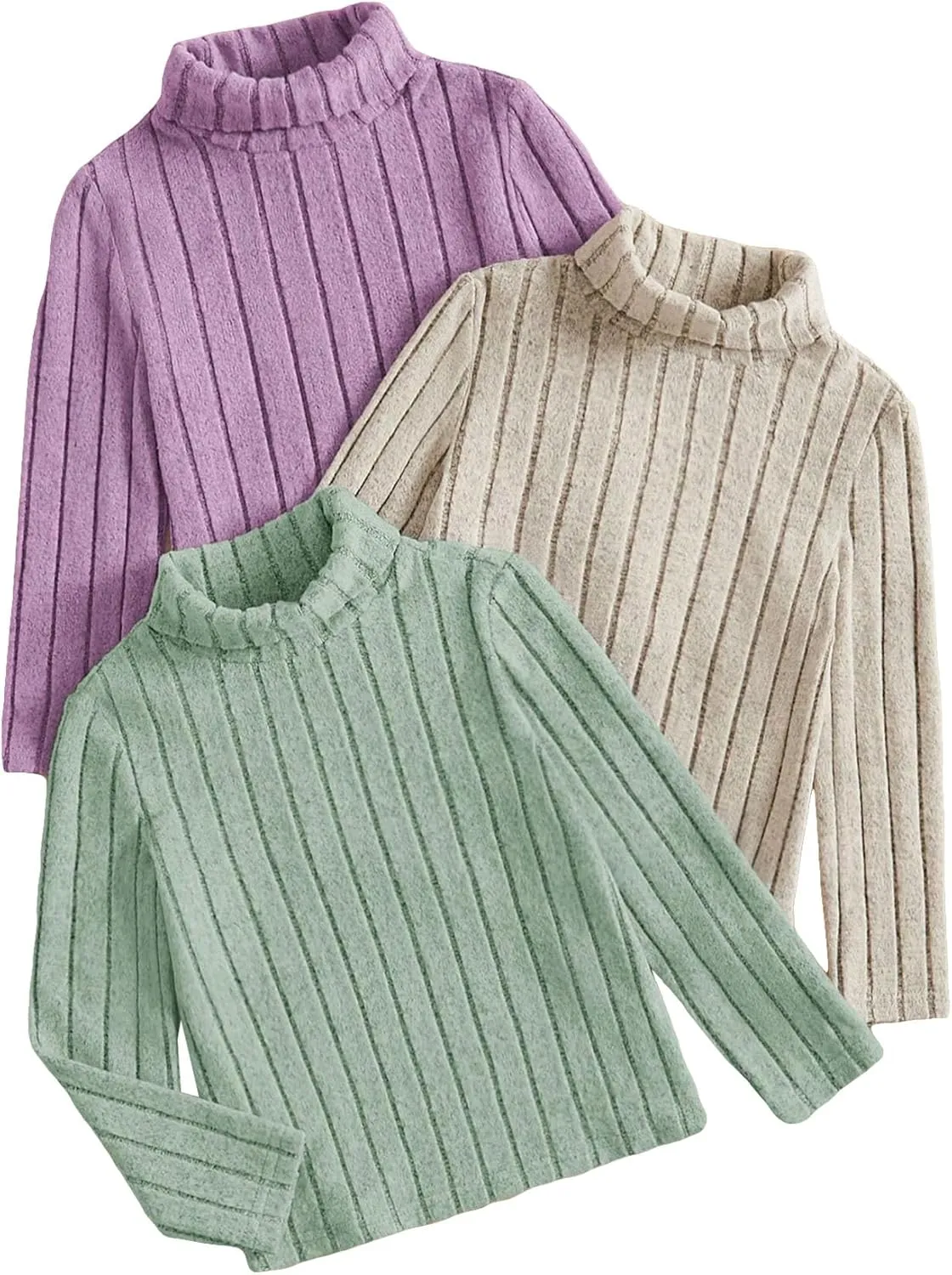 Floerns Girl's 3 Pcs Long Sleeve Solid Turtleneck Ribbed Knit Tee Shirt