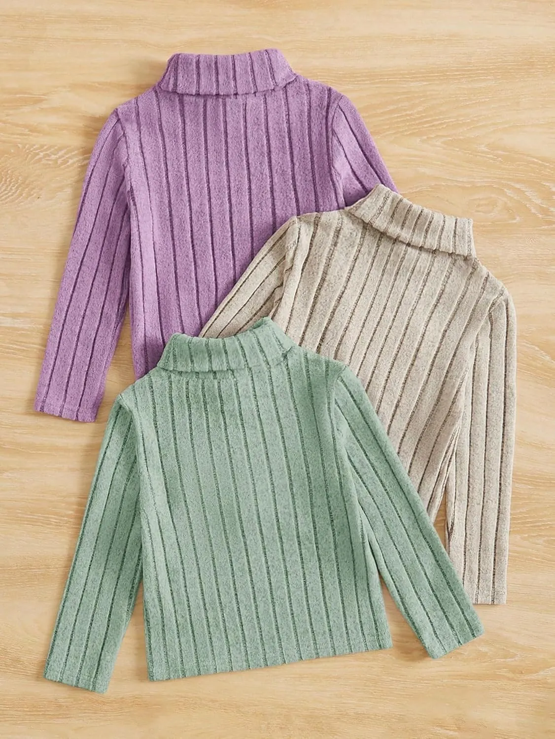 Floerns Girl's 3 Pcs Long Sleeve Solid Turtleneck Ribbed Knit Tee Shirt