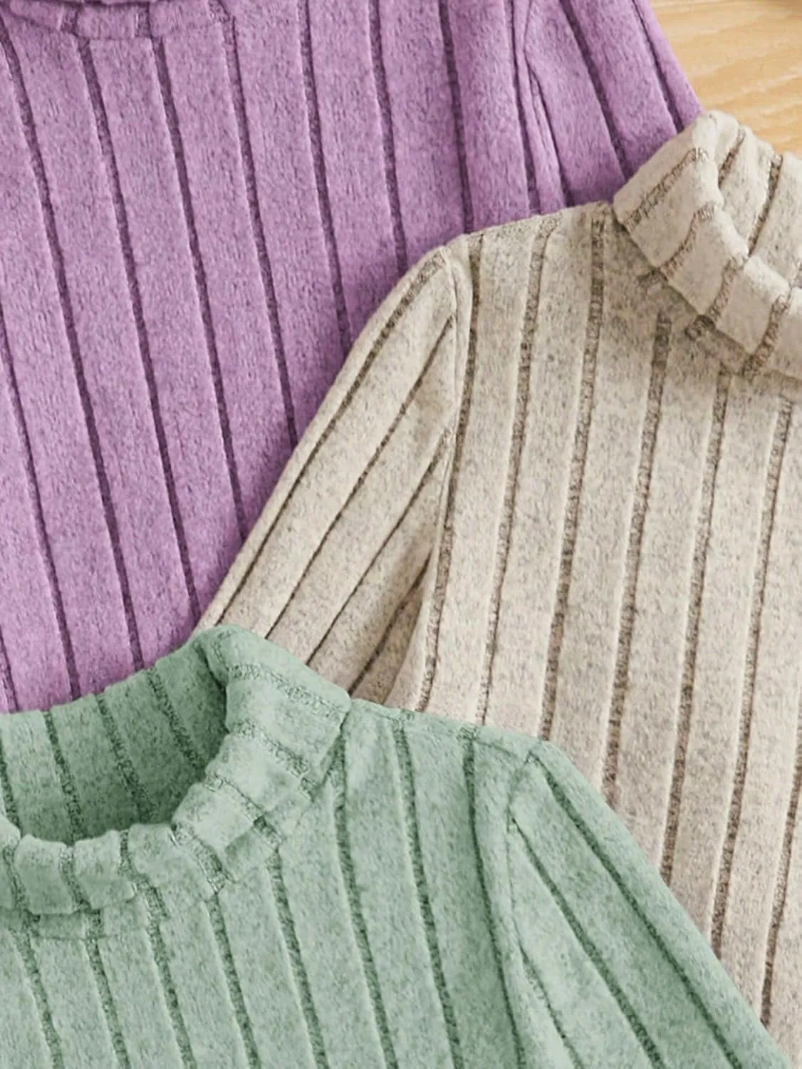 Floerns Girl's 3 Pcs Long Sleeve Solid Turtleneck Ribbed Knit Tee Shirt