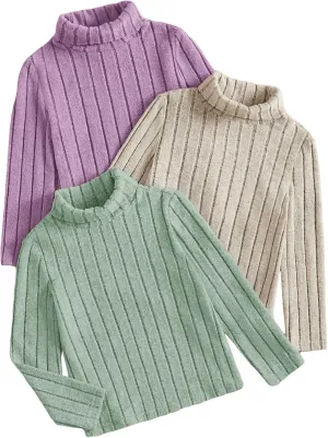 Floerns Girl's 3 Pcs Long Sleeve Solid Turtleneck Ribbed Knit Tee Shirt