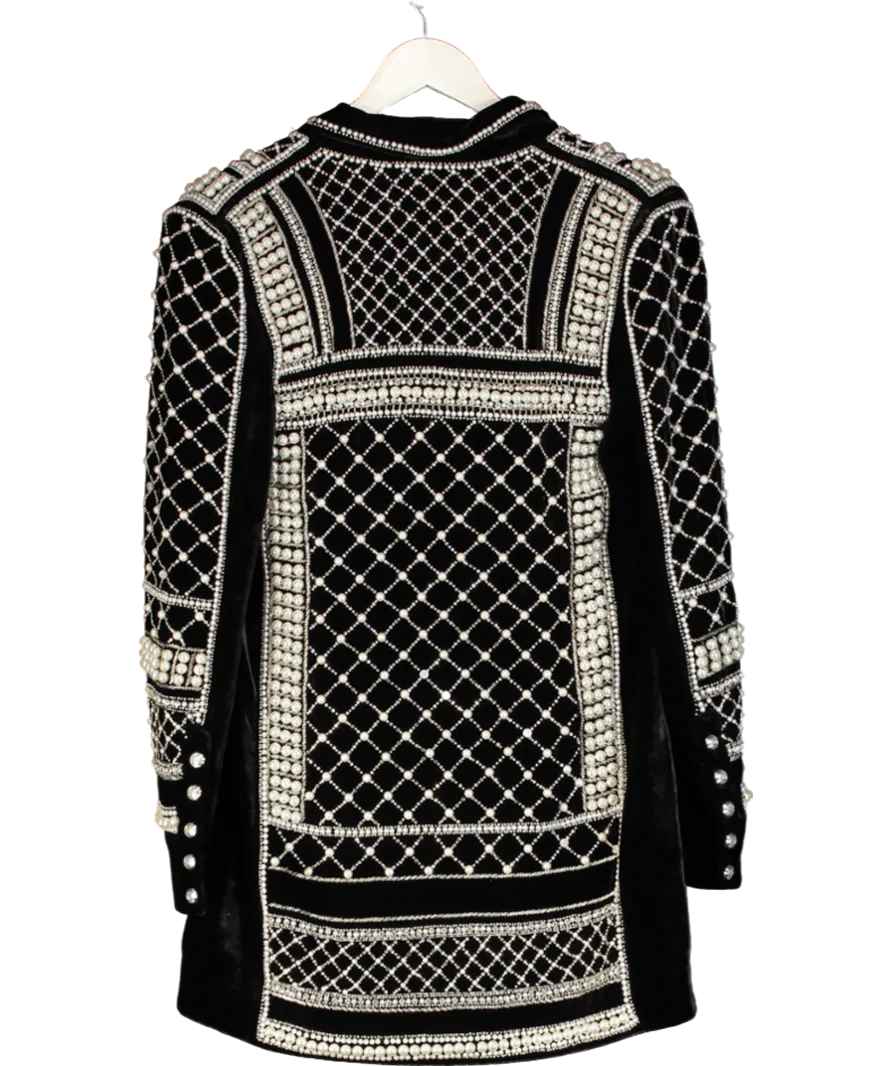 H&M Balmain Black Velvet Pearl & Crystal Embellished Jacket UK 8
