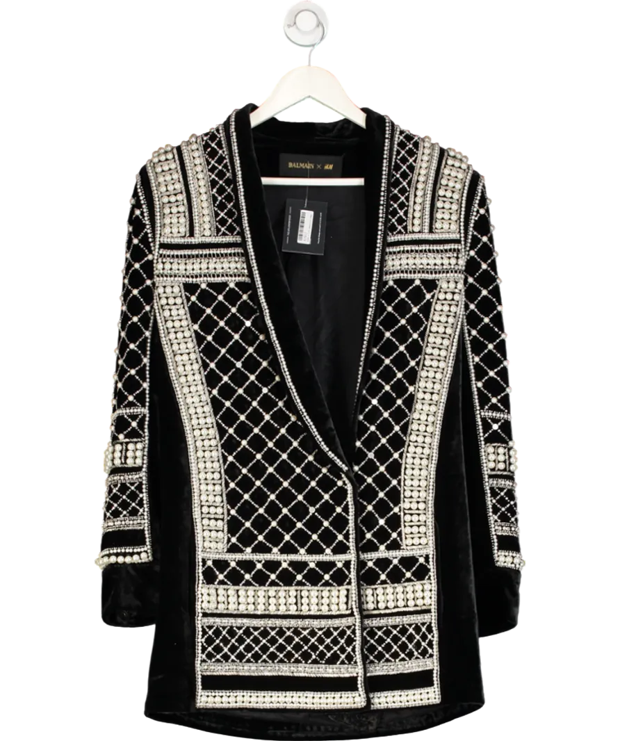 H&M Balmain Black Velvet Pearl & Crystal Embellished Jacket UK 8