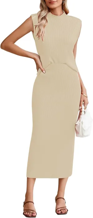 Pink Queen Women's 2 Piece Sweater Outfits Set Sleeveless Crop Top Ribbed Split Bodycon Midi Long Skirt Knit Dresses