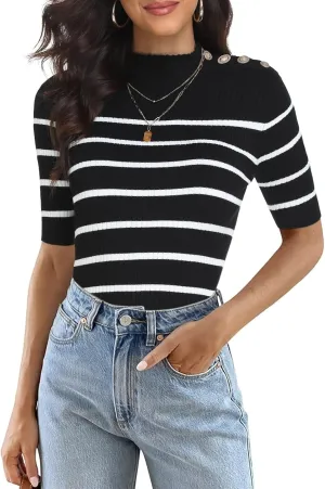 PrettyGuide Women's Short Sleeve Sweater Tops Mock Neck with Button Pullover Slim Fit Casual Business Knit Basic Top