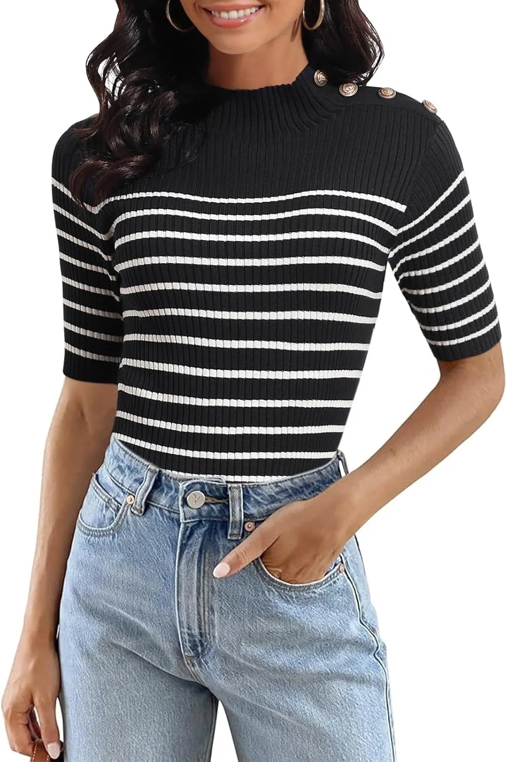 PrettyGuide Women's Short Sleeve Sweater Tops Mock Neck with Button Pullover Slim Fit Casual Business Knit Basic Top