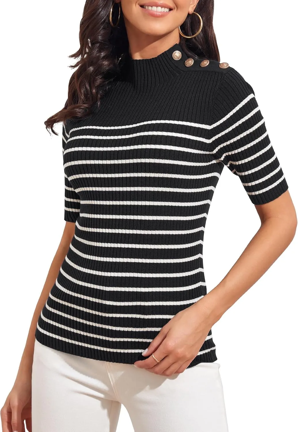 PrettyGuide Women's Short Sleeve Sweater Tops Mock Neck with Button Pullover Slim Fit Casual Business Knit Basic Top