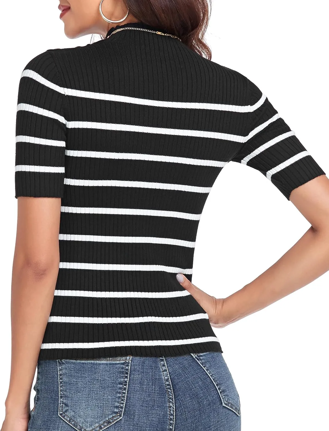 PrettyGuide Women's Short Sleeve Sweater Tops Mock Neck with Button Pullover Slim Fit Casual Business Knit Basic Top