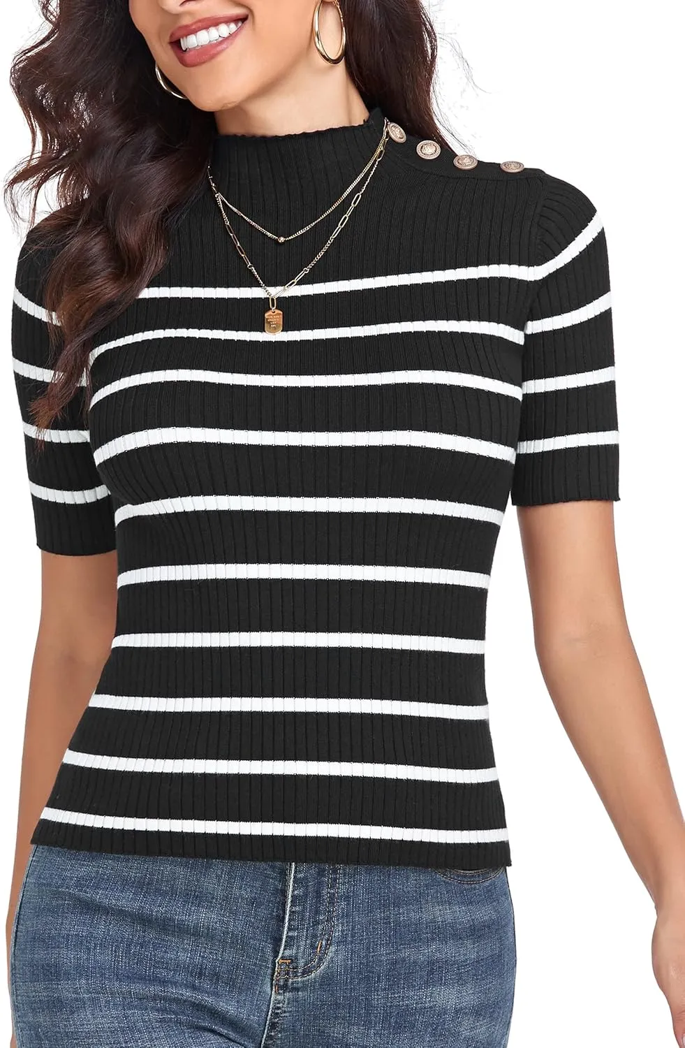 PrettyGuide Women's Short Sleeve Sweater Tops Mock Neck with Button Pullover Slim Fit Casual Business Knit Basic Top