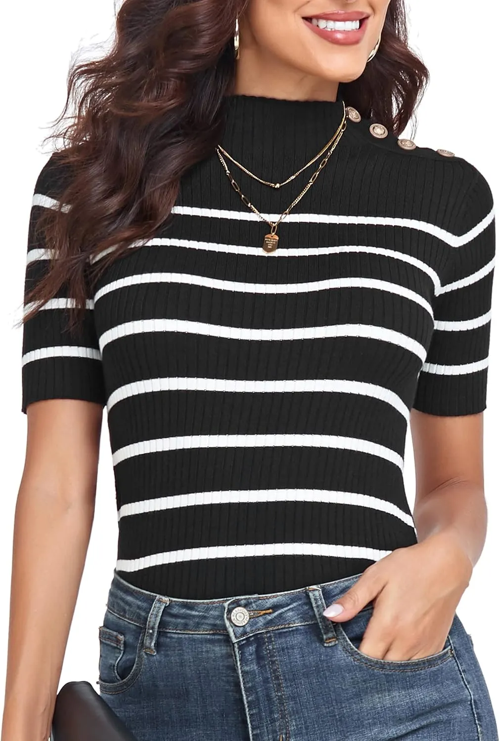 PrettyGuide Women's Short Sleeve Sweater Tops Mock Neck with Button Pullover Slim Fit Casual Business Knit Basic Top