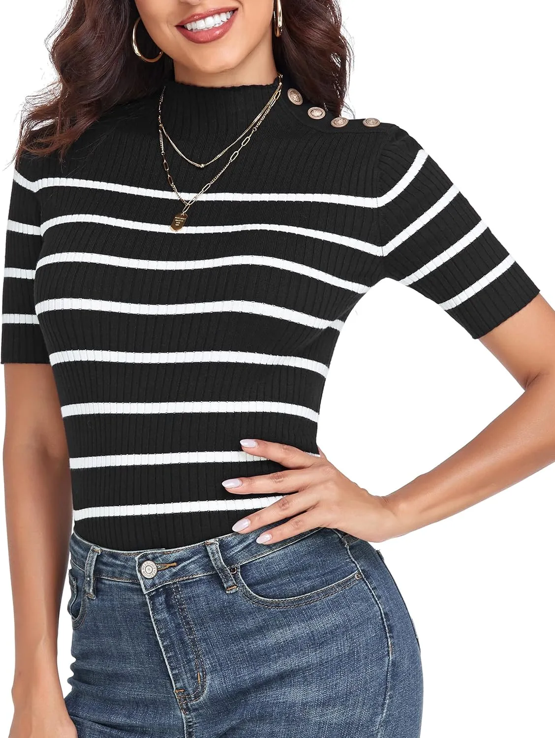 PrettyGuide Women's Short Sleeve Sweater Tops Mock Neck with Button Pullover Slim Fit Casual Business Knit Basic Top