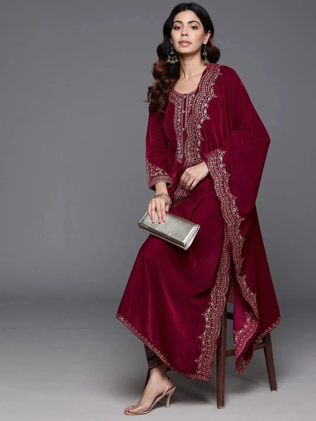 Red Yoke Design Velvet A-Line Kurta With Palazzos & Dupatta