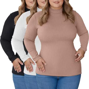 Riyiper 3 Pack Women's Ribbed Plus Size Mock Turtleneck Tops, Long Sleeve Slim Fit T-Shirts Pullover Sweater Basic Layer Top