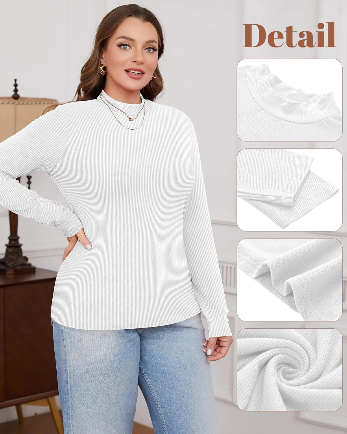 Riyiper 3 Pack Women's Ribbed Plus Size Mock Turtleneck Tops, Long Sleeve Slim Fit T-Shirts Pullover Sweater Basic Layer Top