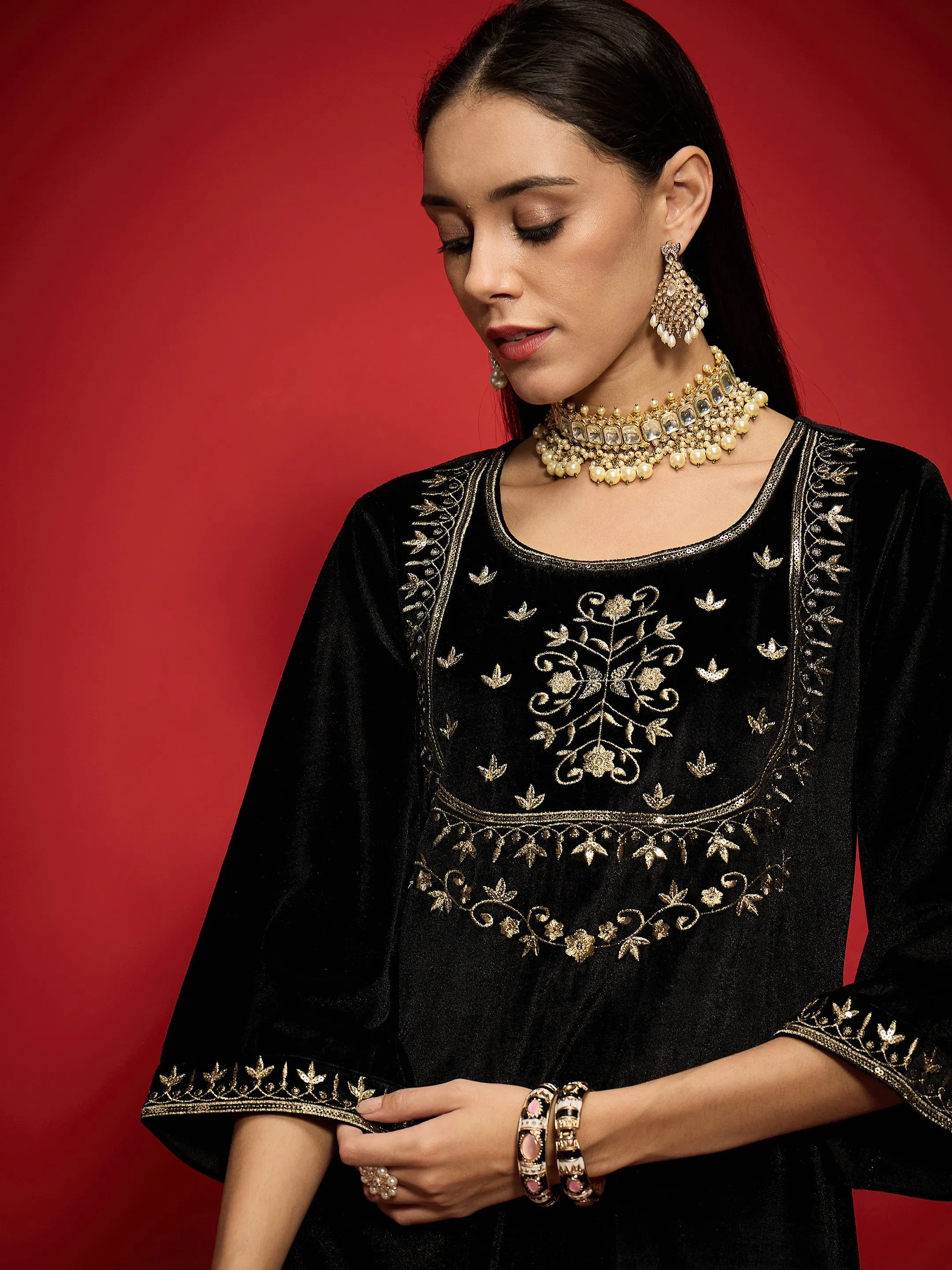 Women Black Velvet Embroidered Short Kurta With Palazzo Pants