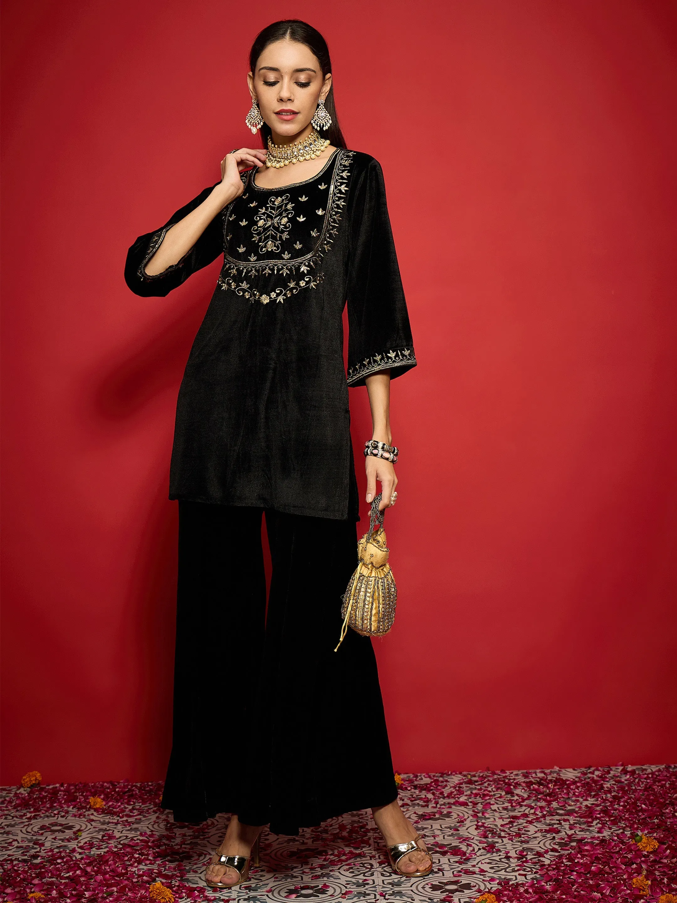 Women Black Velvet Embroidered Short Kurta With Palazzo Pants