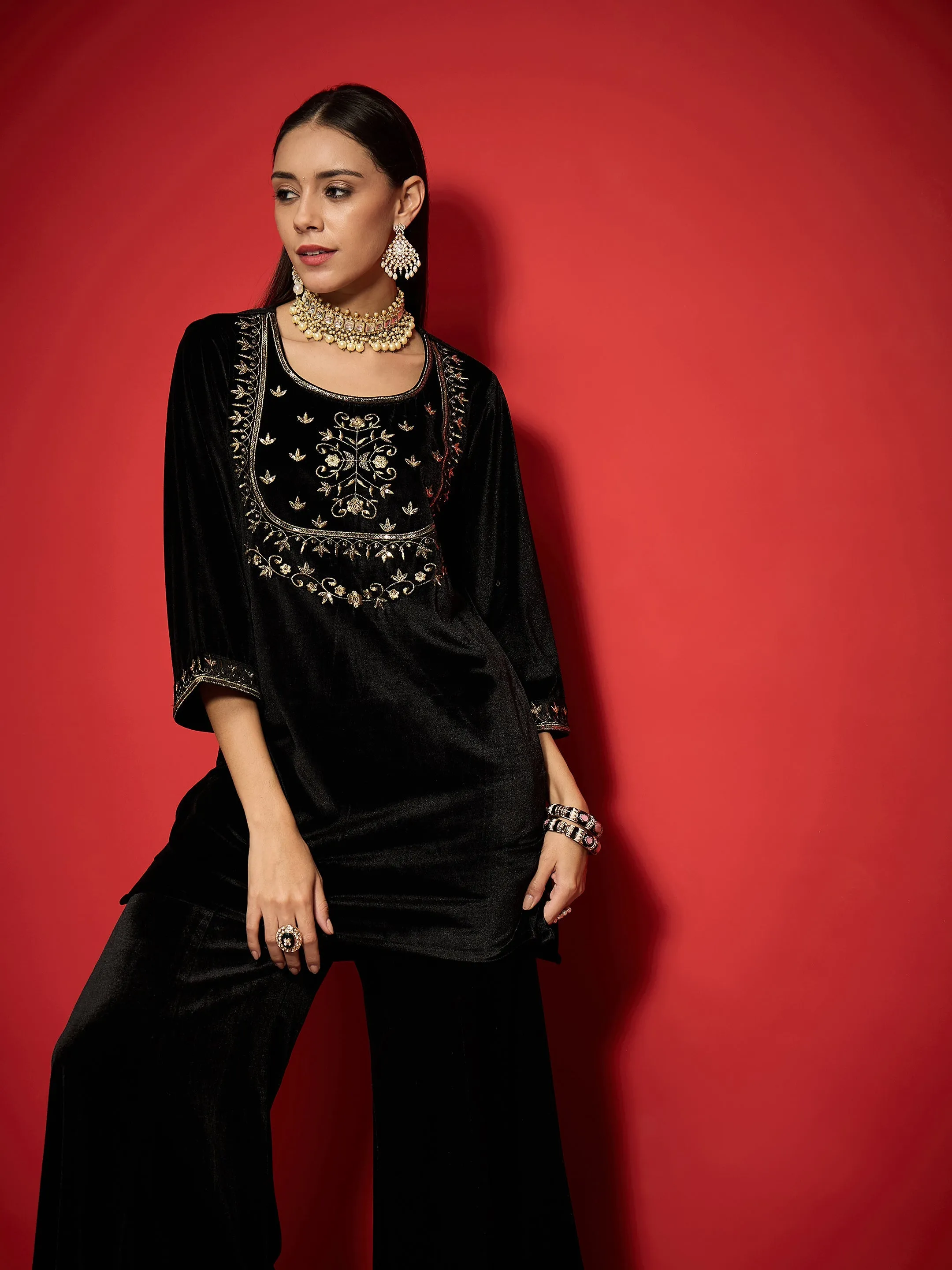 Women Black Velvet Embroidered Short Kurta With Palazzo Pants