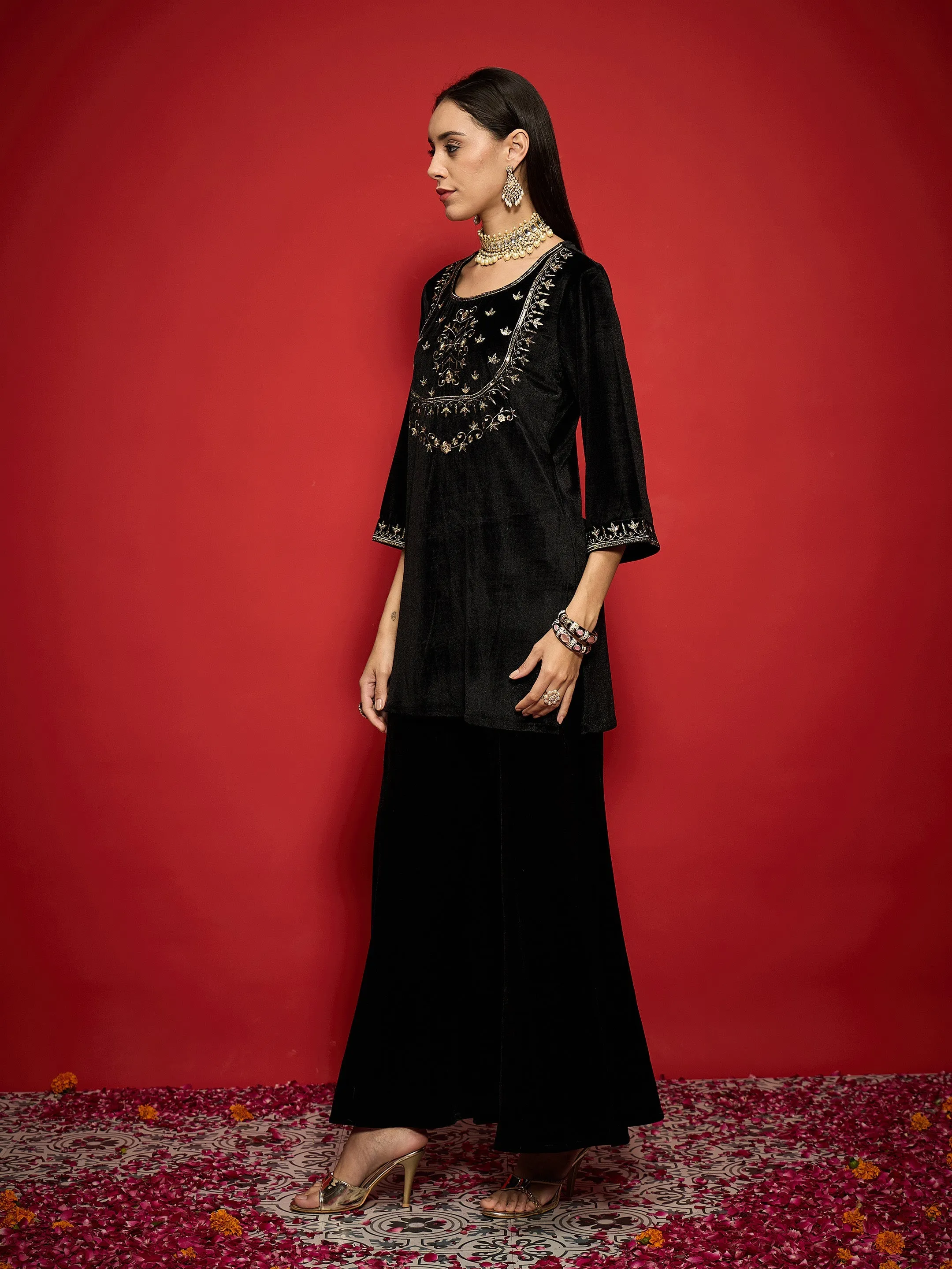 Women Black Velvet Embroidered Short Kurta With Palazzo Pants