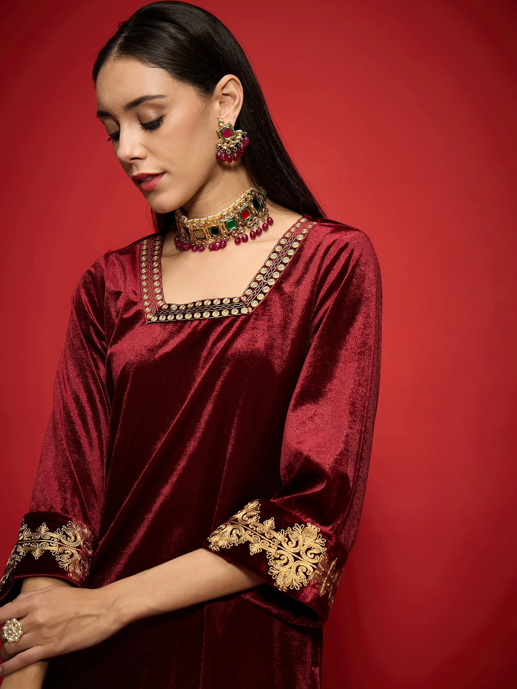 Women Maroon Velvet Embroidered Glass Neck Short Kurta With Palazzo Pants