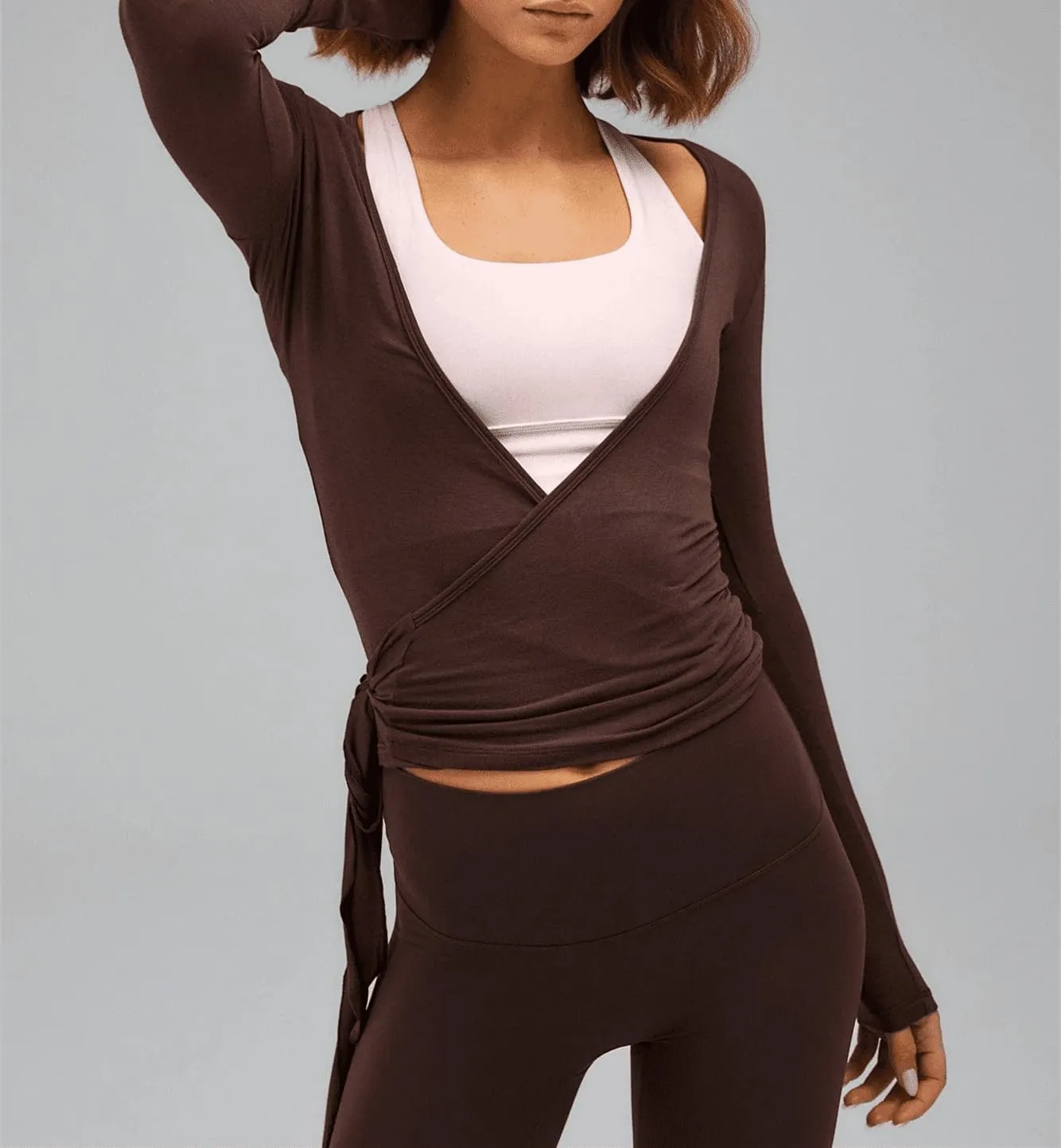 Women Wrap Top Long Sleeve Deep V Neck Cross Tie Workout Ballet Pilates Yoga Shirt