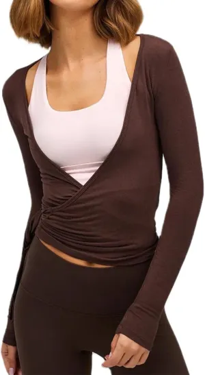 Women Wrap Top Long Sleeve Deep V Neck Cross Tie Workout Ballet Pilates Yoga Shirt