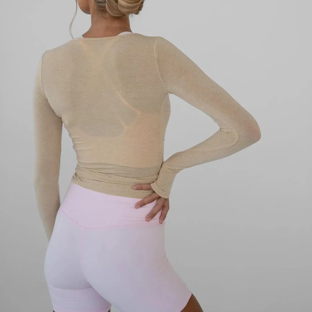 Women Wrap Top Long Sleeve Deep V Neck Cross Tie Workout Ballet Pilates Yoga Shirt