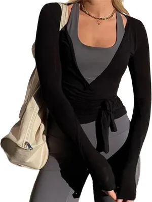 Women Y2k Tie Wrap Tops Deep V-Neck Ballet Tie Top Cross Wrap Tie Long Sleeve Yoga Workout T-Shirt Top