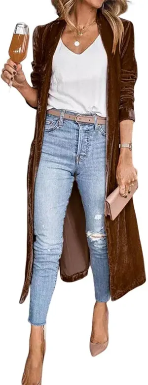 Women's Long Velvet Cardigan Jacket Casual Open Front Velour Lapel Cardigan Maxi Blazer Duster Outwear Sweater