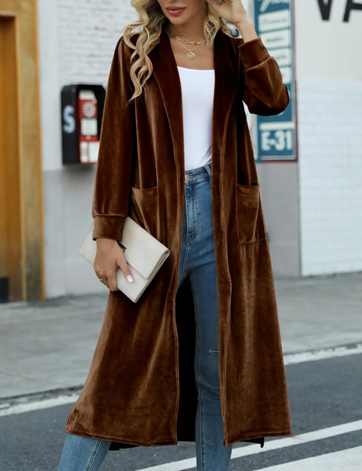 Women's Long Velvet Cardigan Jacket Casual Open Front Velour Lapel Cardigan Maxi Blazer Duster Outwear Sweater