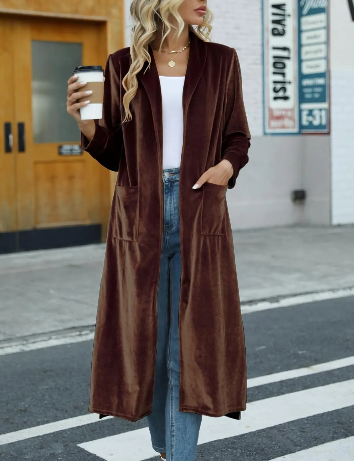 Women's Long Velvet Cardigan Jacket Casual Open Front Velour Lapel Cardigan Maxi Blazer Duster Outwear Sweater