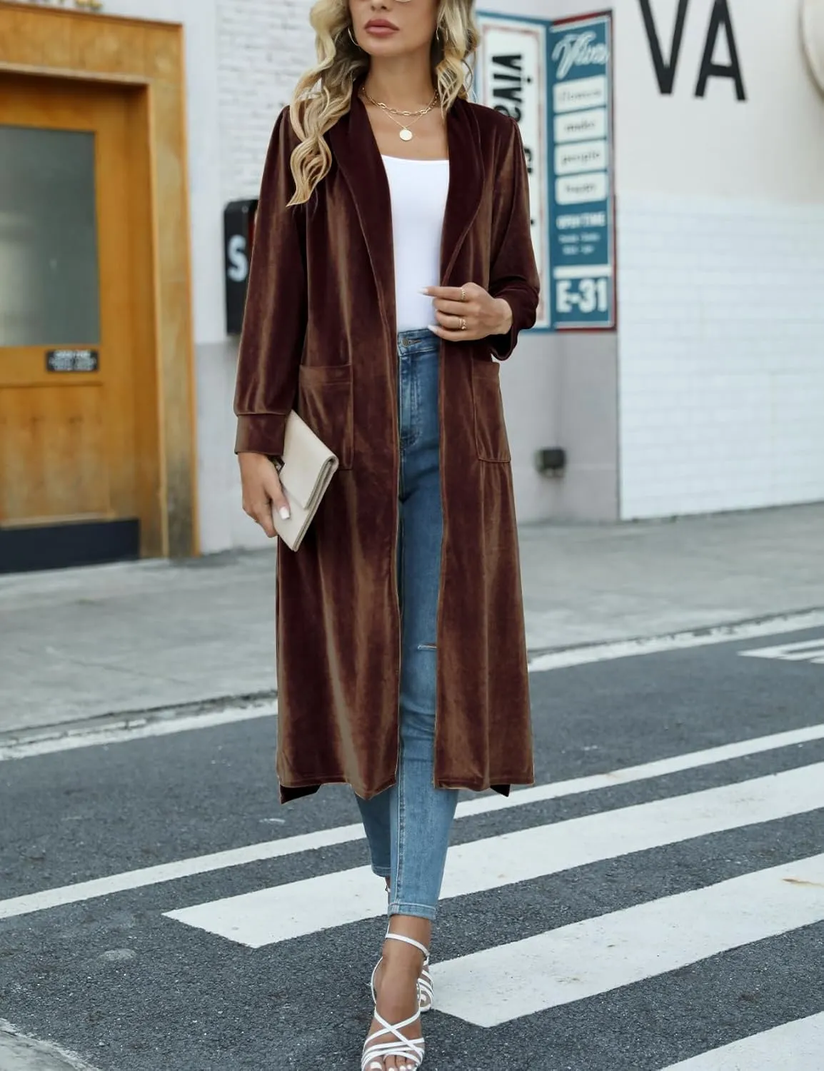 Women's Long Velvet Cardigan Jacket Casual Open Front Velour Lapel Cardigan Maxi Blazer Duster Outwear Sweater