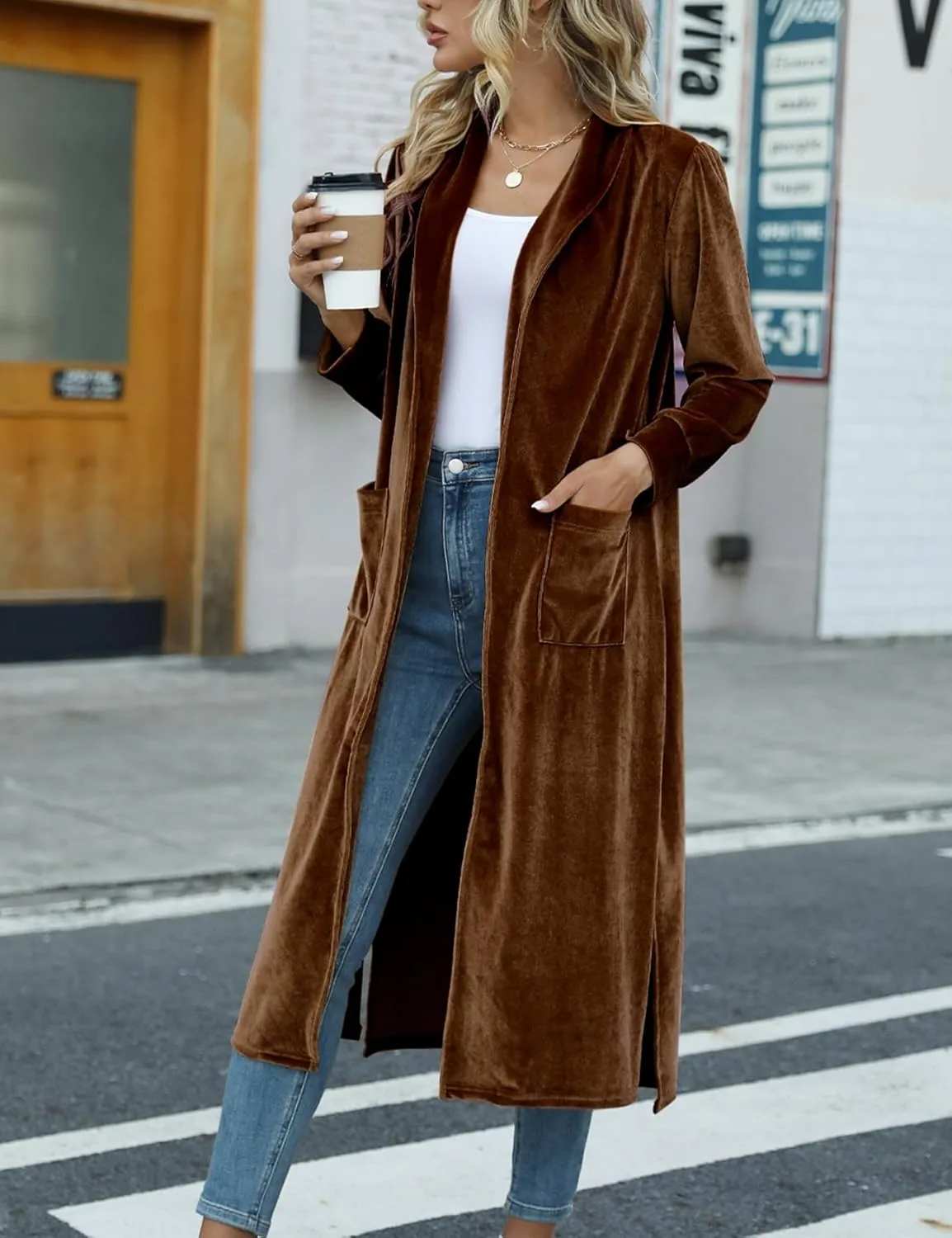 Women's Long Velvet Cardigan Jacket Casual Open Front Velour Lapel Cardigan Maxi Blazer Duster Outwear Sweater