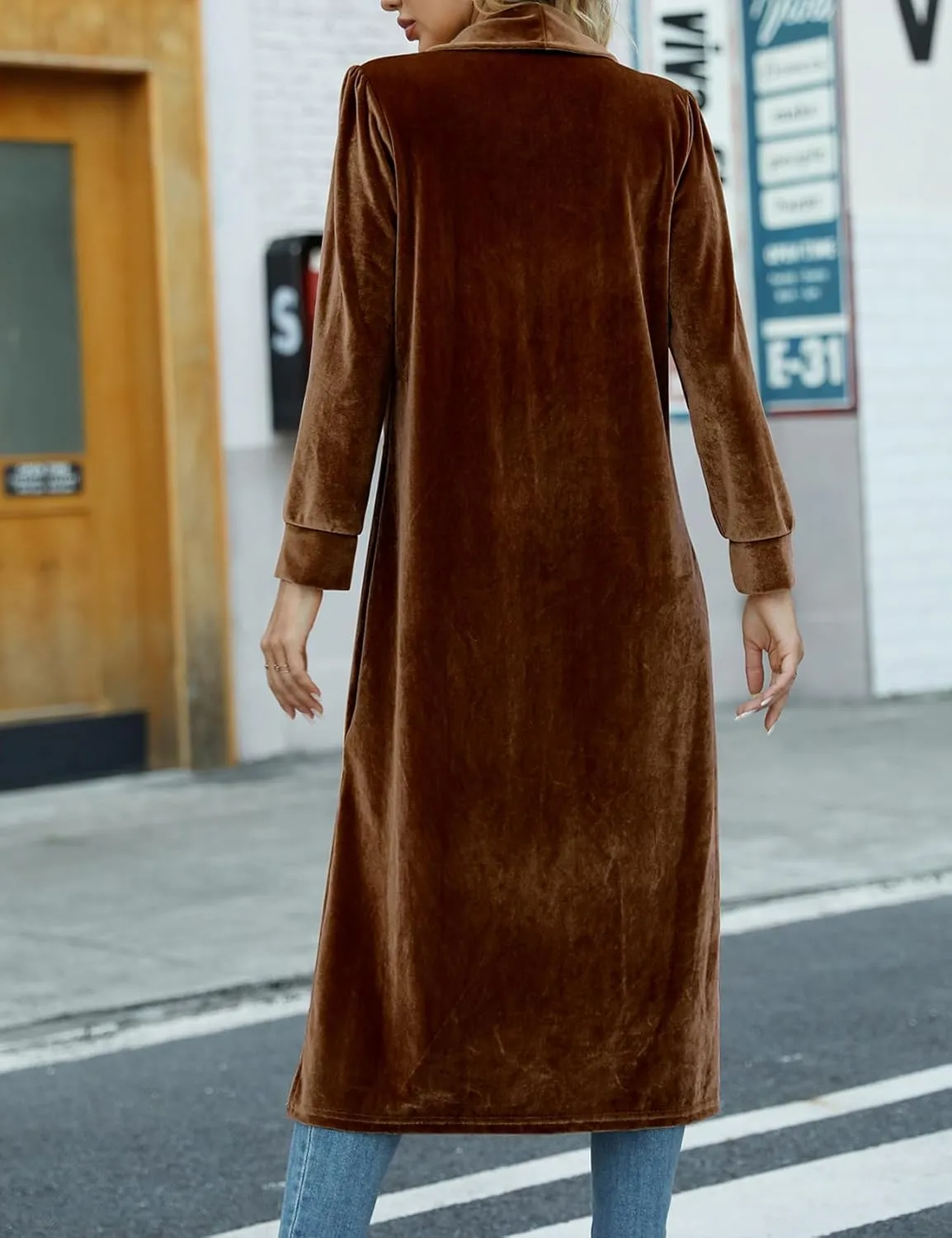 Women's Long Velvet Cardigan Jacket Casual Open Front Velour Lapel Cardigan Maxi Blazer Duster Outwear Sweater
