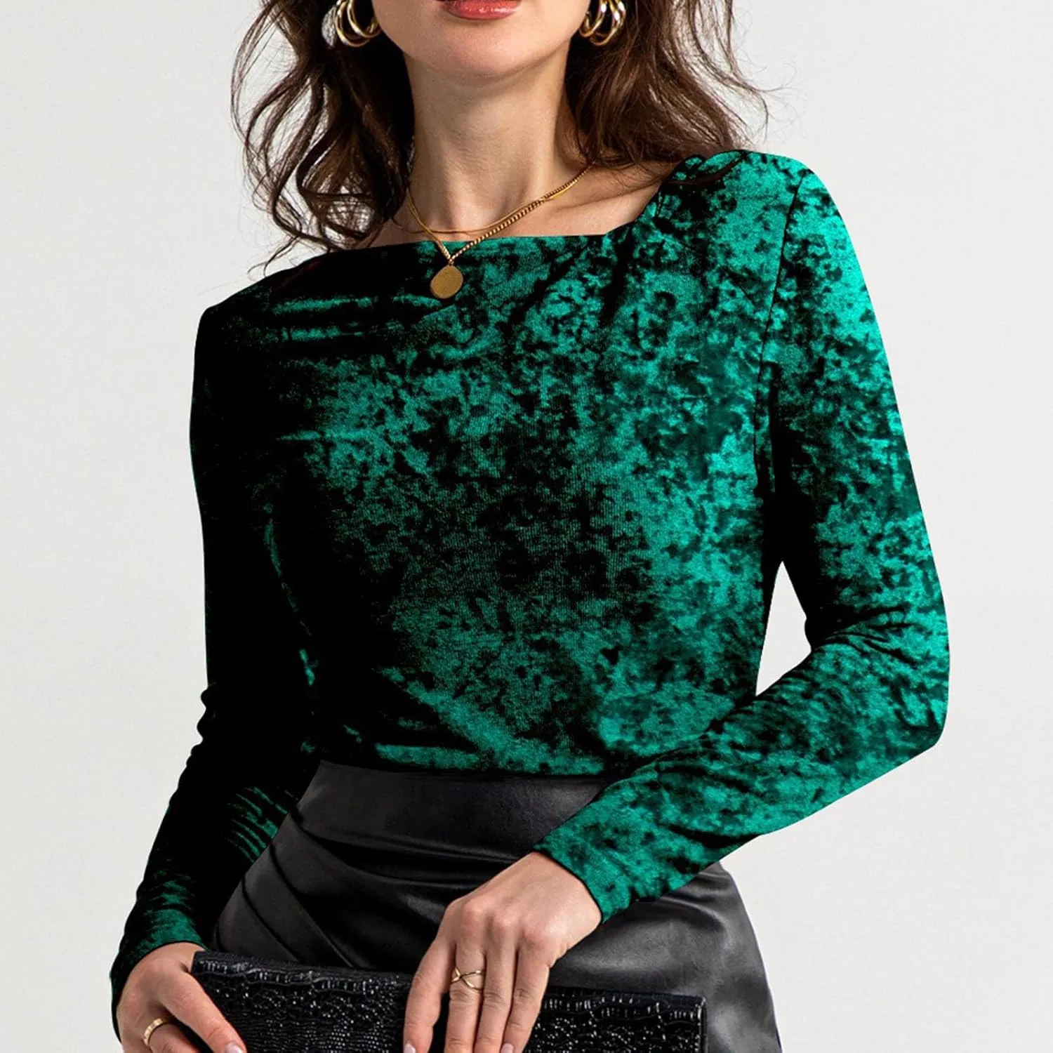 Women's Party Velvet Tops Long Sleeve Slim Fitted T-Shirt Solid V Neck Dressy Work Shirts Velour Blouses