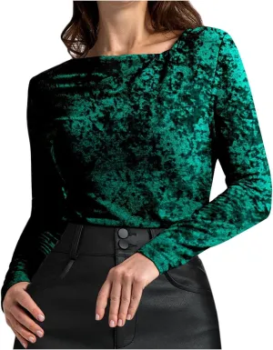Women's Party Velvet Tops Long Sleeve Slim Fitted T-Shirt Solid V Neck Dressy Work Shirts Velour Blouses