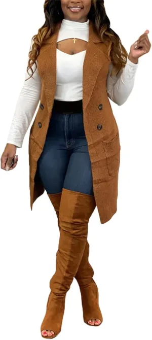 Womens Sleeveless Sweater Vest Cable Knit Open Front Long Cardigan Waistcoat Jacket Outerwear Coat