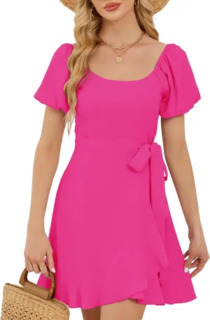 Women's Summer Dresses Puffed Sleeve Round Neck Short Waist Wedding Guest Dresses 2025