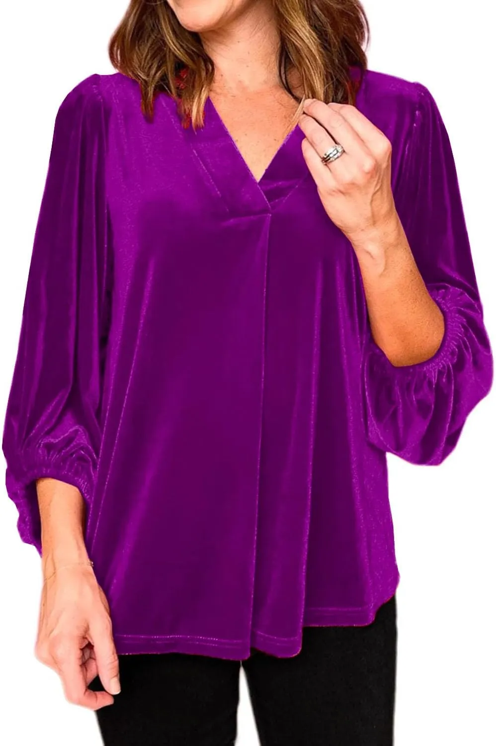 Womens Velvet Tops V Neck 3/4 Puff Sleeve Fall Winter Trendy Dressy Casual Loose Christmas Party Holiday Tunic Shirts