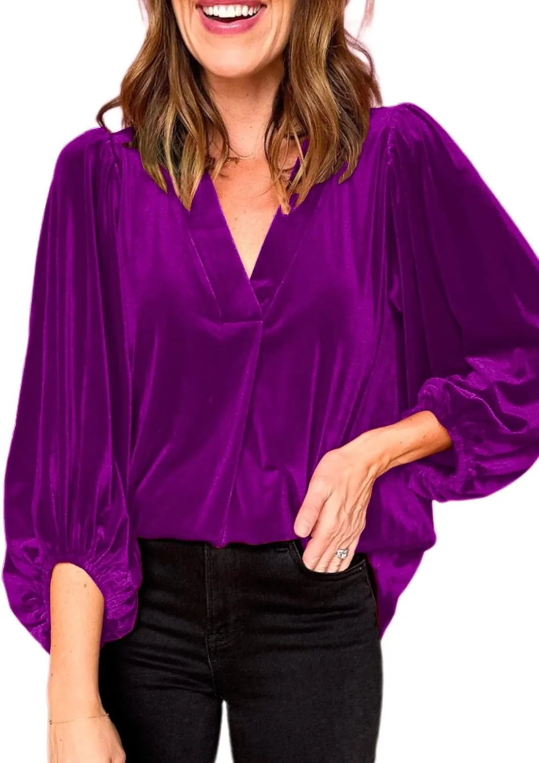 Womens Velvet Tops V Neck 3/4 Puff Sleeve Fall Winter Trendy Dressy Casual Loose Christmas Party Holiday Tunic Shirts