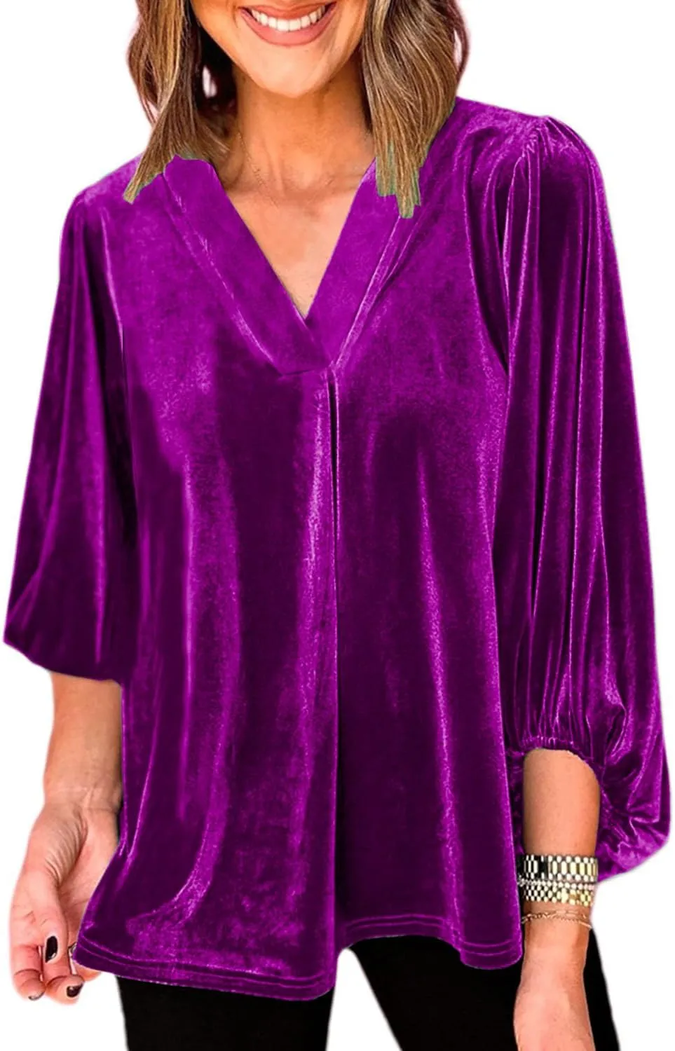 Womens Velvet Tops V Neck 3/4 Puff Sleeve Fall Winter Trendy Dressy Casual Loose Christmas Party Holiday Tunic Shirts