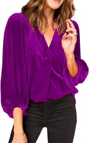 Womens Velvet Tops V Neck 3/4 Puff Sleeve Fall Winter Trendy Dressy Casual Loose Christmas Party Holiday Tunic Shirts