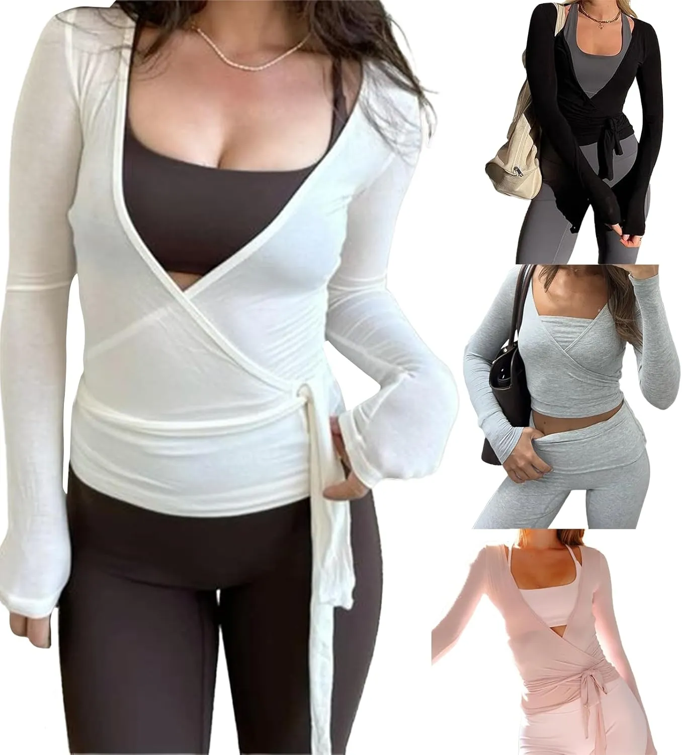 Women's Yoga Shirts Wrap Ruched Tie Front Long Sleeve Workout T Shirts Sexy Deep V Neck Slim Fit Casual Cropped Top