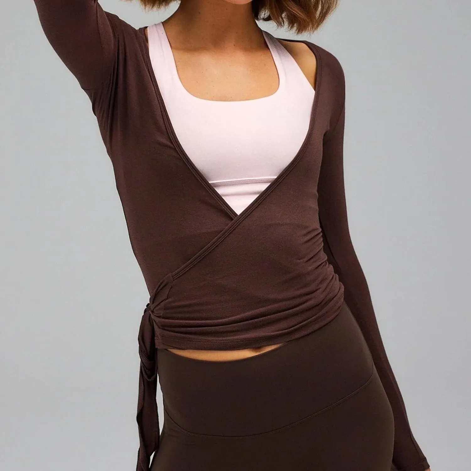 Women's Yoga Shirts Wrap Ruched Tie Front Long Sleeve Workout T Shirts Sexy Deep V Neck Slim Fit Casual Cropped Top