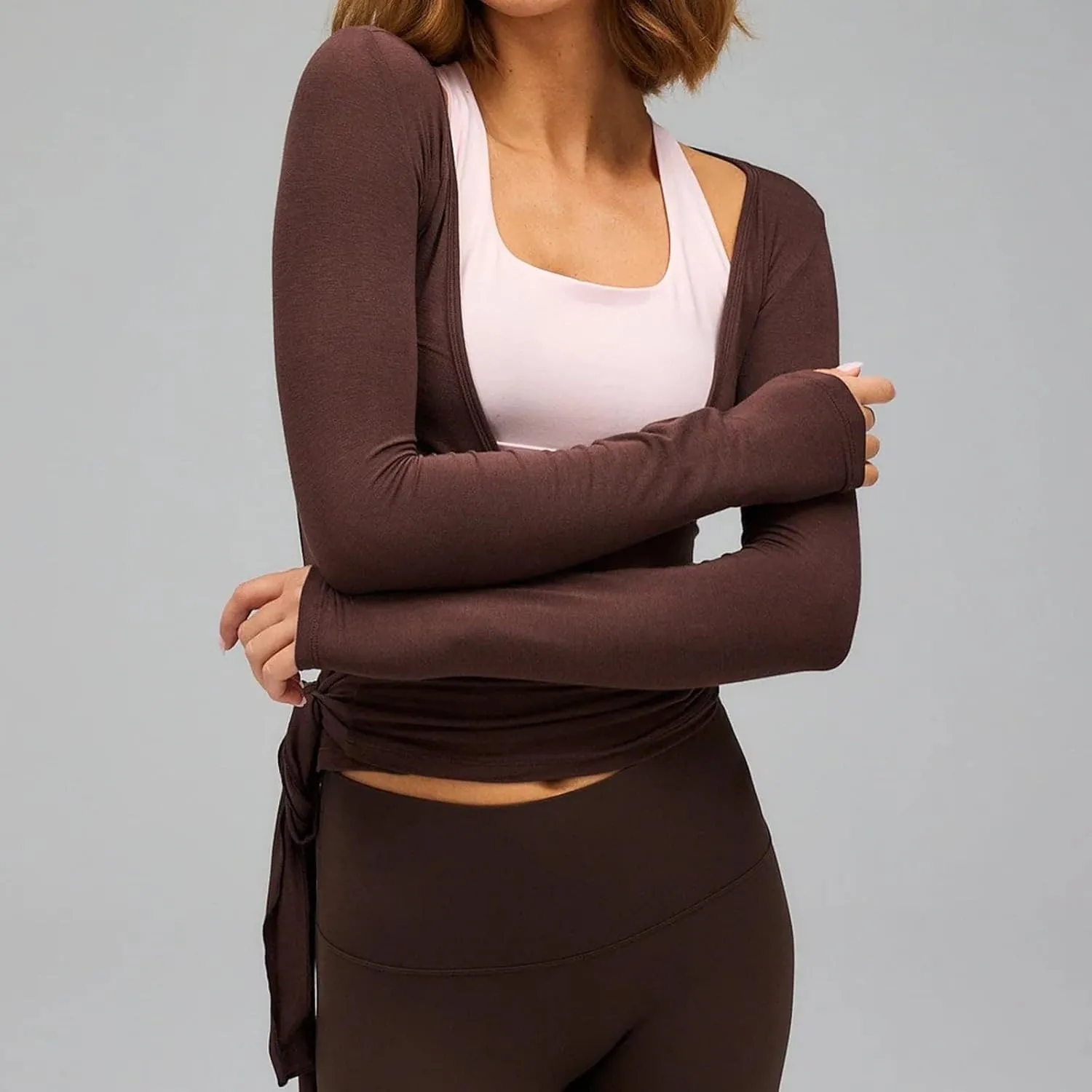 Women's Yoga Shirts Wrap Ruched Tie Front Long Sleeve Workout T Shirts Sexy Deep V Neck Slim Fit Casual Cropped Top